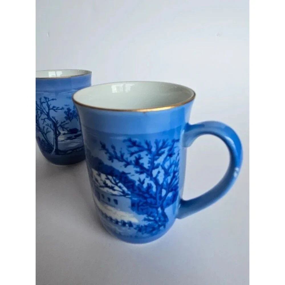Vintage Currier & Ives Blue and White Mugs Winter Scenes